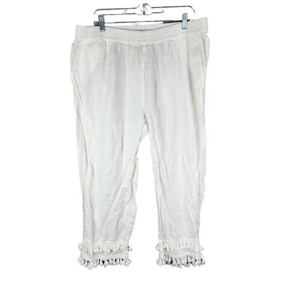 Womens White Crown & Ivy Tassel Hem Pants 100% Linen Hi Rise Elastic Waist XL - Picture 1 of 12